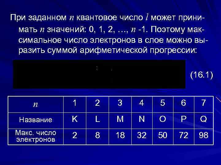 При заданном n квантовое число l может принимать n значений: 0, 1, 2, …,