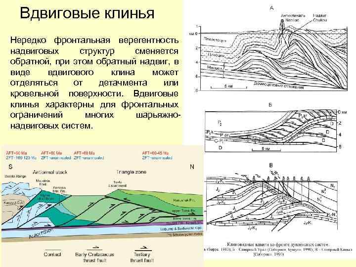 Вдвиговые клинья Нередко фронтальная верегентность надвиговых структур сменяется обратной, при этом обратный надвиг, в