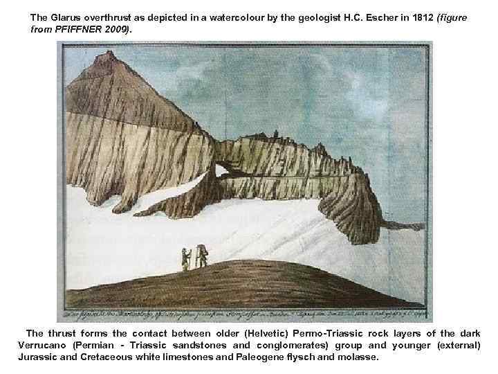 The Glarus overthrust as depicted in a watercolour by the geologist H. C. Escher