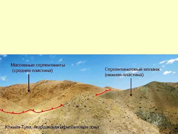 Массивные серпентиниты (средняя пластина) Южная Тува, Агардакская офиолитовая зона Серпентинитовый меланж (нижняя пластина) 