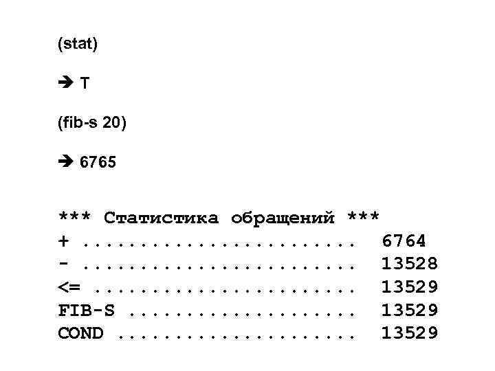 (stat) T (fib-s 20) 6765 *** Статистика обращений *** +. . . 6764 -.