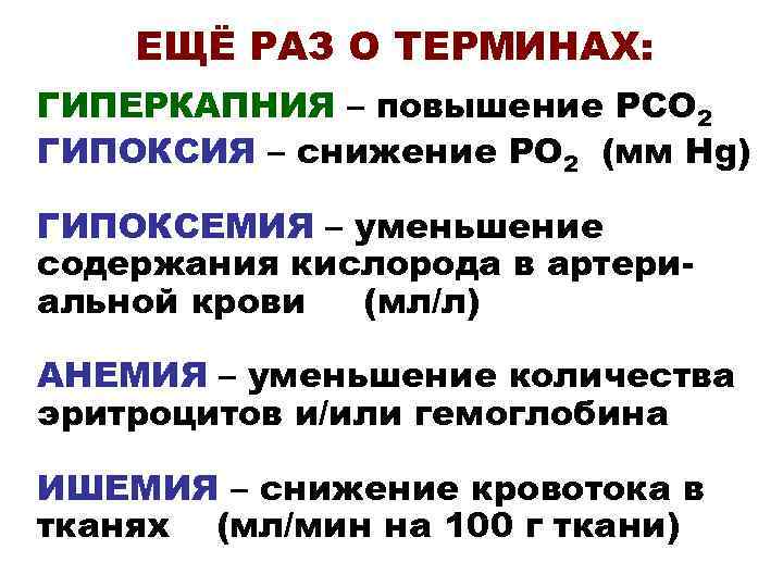 ЕЩЁ РАЗ О ТЕРМИНАХ: ГИПЕРКАПНИЯ – повышение РСО 2 ГИПОКСИЯ – снижение РО 2