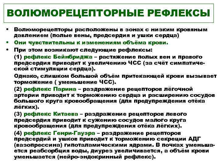 ВОЛЮМОРЕЦЕПТОРНЫЕ РЕФЛЕКСЫ • Волюморецепторы расположены в зонах с низким кровяным давлением (полые вены, предсердия