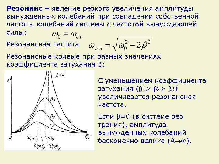 Резонанс – явление резкого увеличения амплитуды вынужденных колебаний при совпадении собственной частоты колебаний системы