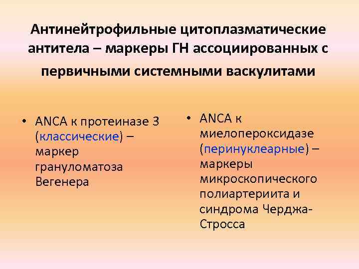 Антинейтрофильные цитоплазматические антитела – маркеры ГН ассоциированных с первичными системными васкулитами • ANCA к