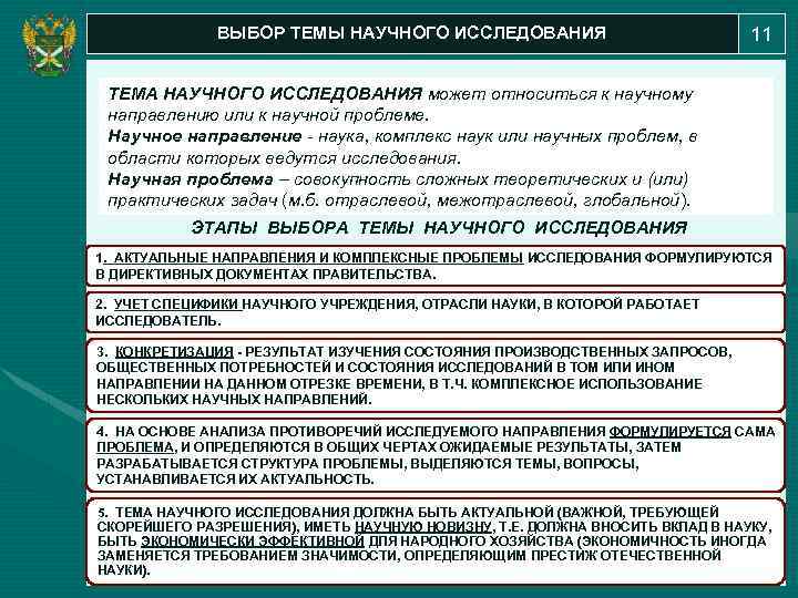 ВЫБОР ТЕМЫ НАУЧНОГО ИССЛЕДОВАНИЯ 11 ТЕМА НАУЧНОГО ИССЛЕДОВАНИЯ может относиться к научному направлению или