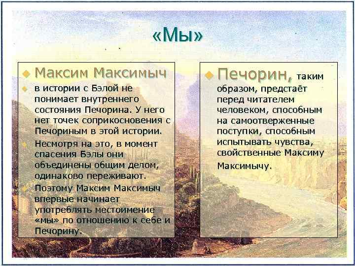  «Мы» u u Максимыч в истории с Бэлой не понимает внутреннего состояния Печорина.