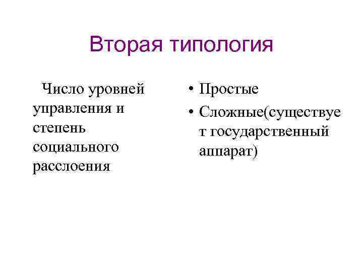 Вторая типология Число уровней управления и степень социального расслоения • Простые • Сложные(существуе т
