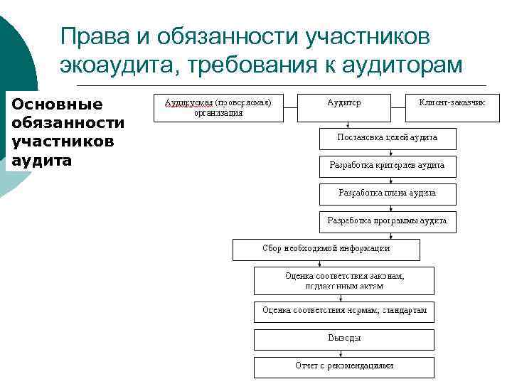 Права и обязанности участников экоаудита, требования к аудиторам Основные обязанности участников аудита 