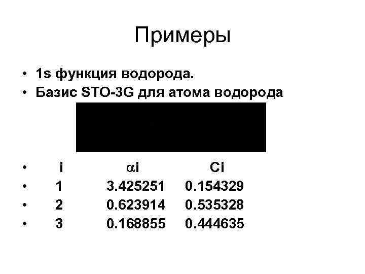 Примеры • 1 s функция водорода. • Базис STO-3 G для атома водорода •
