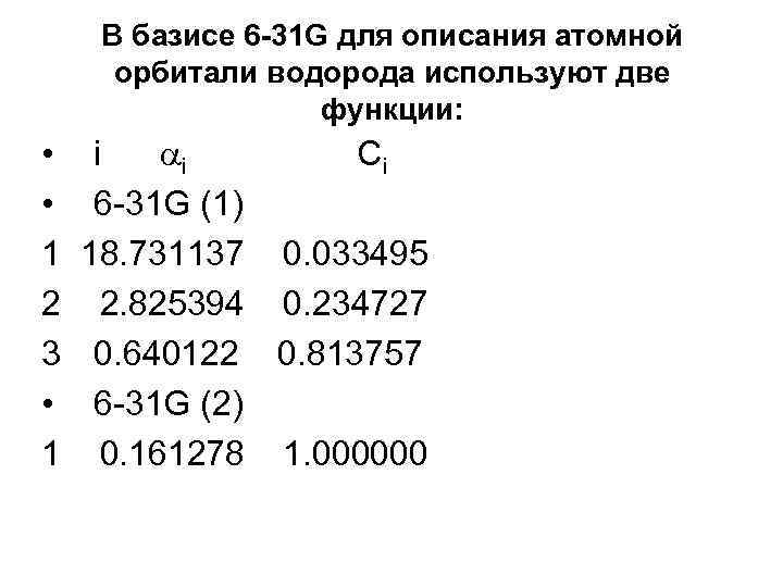 В базисе 6 -31 G для описания атомной орбитали водорода используют две функции: •