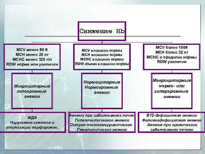 Снижение Hb MCV менее 80 fl MCH менее 26 пг MCHC менее 320 г/л