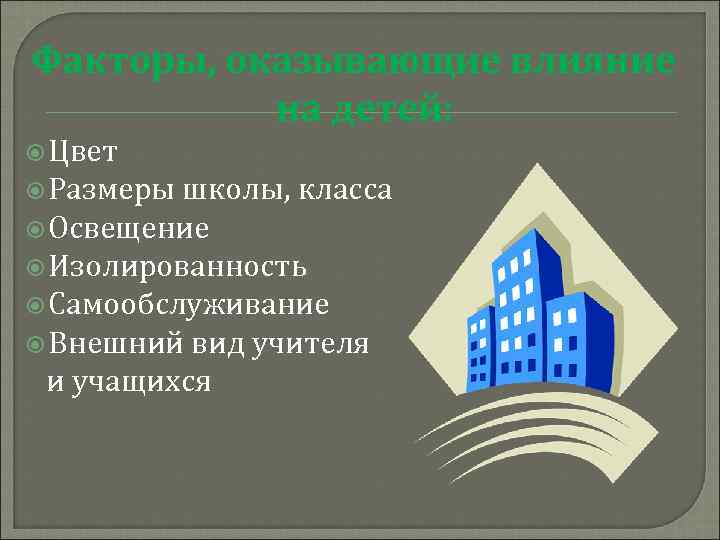 Факторы, оказывающие влияние на детей: Цвет Размеры школы, класса Освещение Изолированность Самообслуживание Внешний вид
