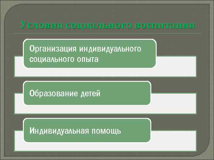 Условия социального воспитания Организация индивидуального социального опыта Образование детей Индивидуальная помощь 