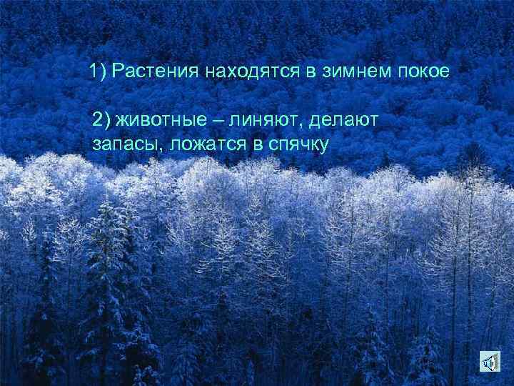 1) Растения находятся в зимнем покое 2) животные – линяют, делают запасы, ложатся в