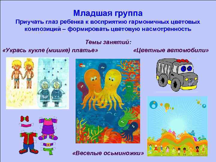 Младшая группа Приучать глаз ребенка к восприятию гармоничных цветовых композиций – формировать цветовую насмотренность