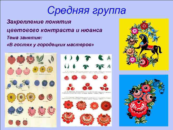 Средняя группа Закрепление понятия цветового контраста и нюанса Тема занятия: «В гостях у городецких