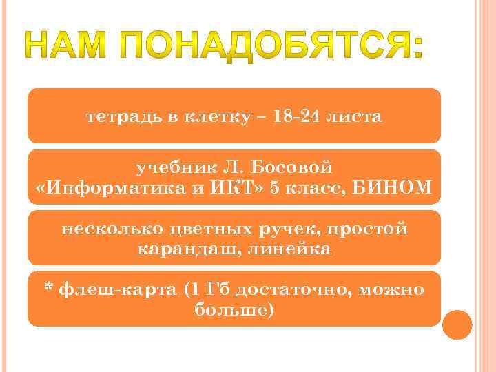 тетрадь в клетку – 18 -24 листа учебник Л. Босовой «Информатика и ИКТ» 5