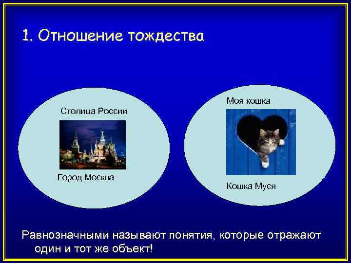 1. Отношение тождества Моя кошка Столица России Город Москва Кошка Муся Равнозначными называют понятия,