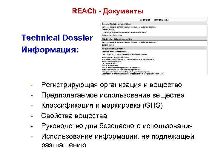 REACh - Документы Technical Dossier Информация: - - Регистрирующая организация и вещество Предполагаемое использование