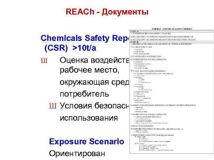 REACh - Документы Chemicals Safety Report (CSR) >10 t/a Ш Оценка воздействия: рабочее место,