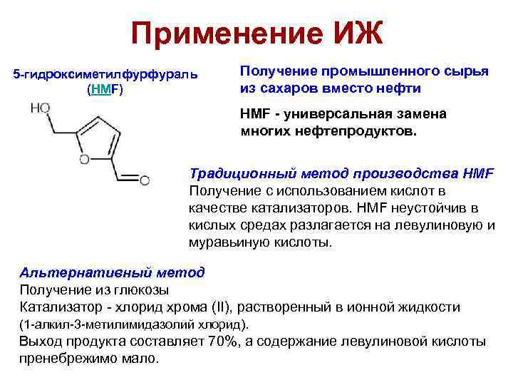 Применение ИЖ 5 -гидроксиметилфурфураль (HMF) Получение промышленного сырья из сахаров вместо нефти HMF -