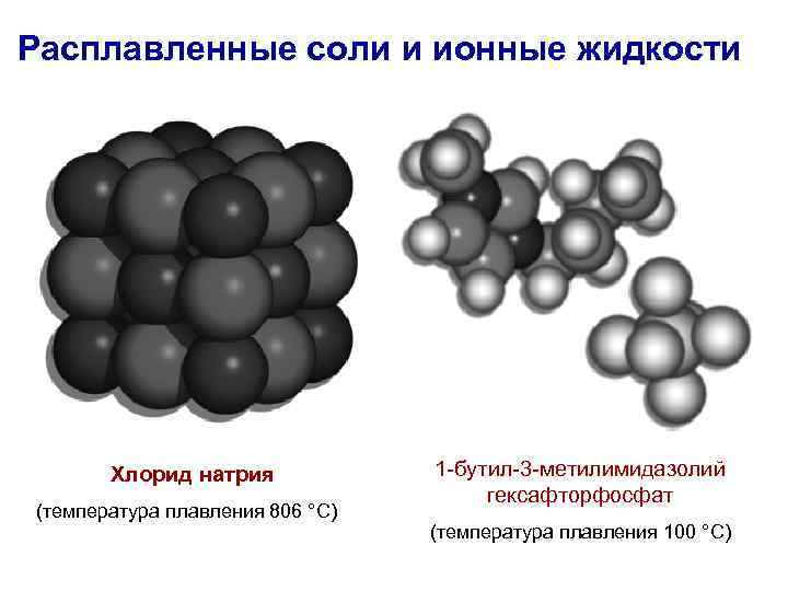 Расплавленные соли и ионные жидкости Хлорид натрия (температура плавления 806 °С) 1 -бутил-3 -метилимидазолий