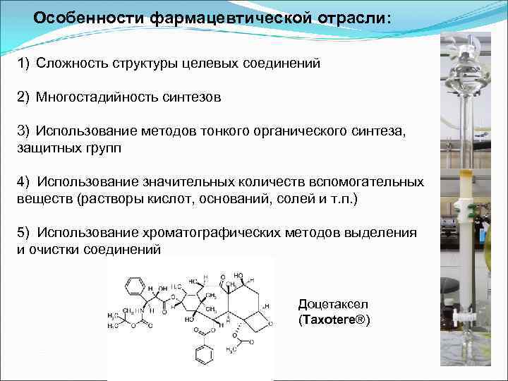  Особенности фармацевтической отрасли: 1) Сложность структуры целевых соединений 2) Многостадийность синтезов 3) Использование