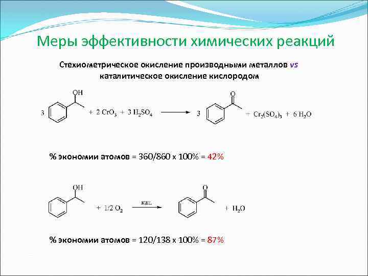 Меры эффективности химических реакций Стехиометрическое окисление производными металлов vs каталитическое окисление кислородом % экономии