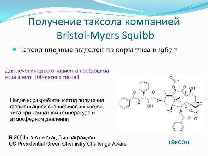  Получение таксола компанией Bristol-Myers Squibb Таксол впервые выделен из коры тиса в 1967