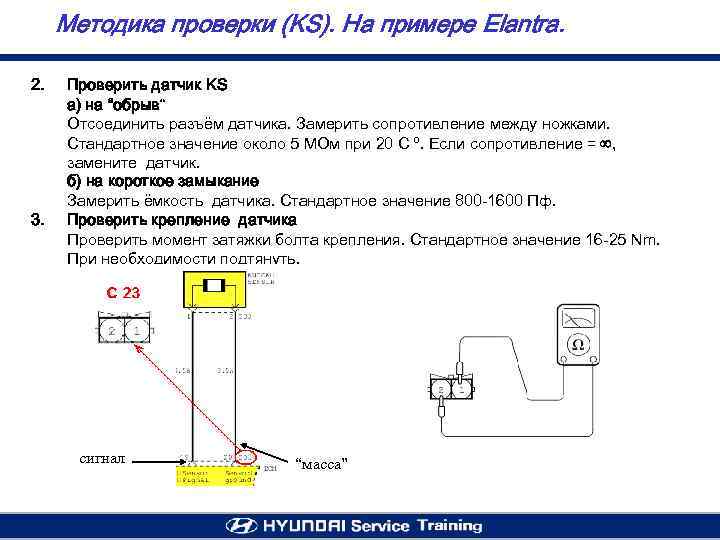 Методика проверки (KS). На примере Elantra. 2. 3. Проверить датчик KS а) на “обрыв“