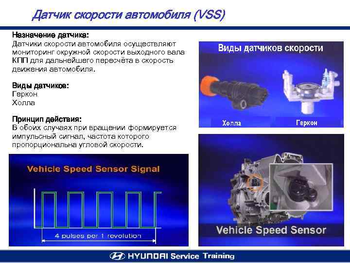 Датчик скорости автомобиля (VSS) Назначение датчика: Датчики скорости автомобиля осуществляют мониторинг окружной скорости выходного