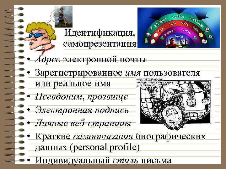 Идентификация, самопрезентация • Адрес электронной почты • Зарегистрированное имя пользователя или реальное имя •