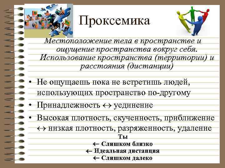 Проксемика Местоположение тела в пространстве и ощущение пространства вокруг себя. Использование пространства (территории) и