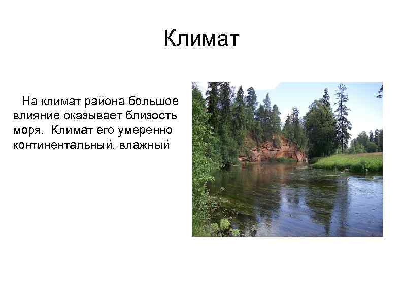 Климат На климат района большое влияние оказывает близость моря. Климат его умеренно континентальный, влажный