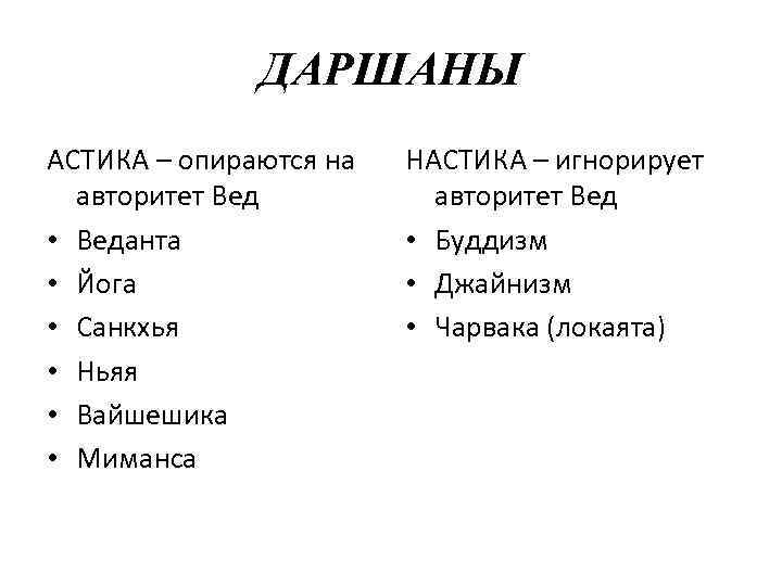 ДАРШАНЫ АСТИКА – опираются на авторитет Вед • Веданта • Йога • Санкхья •