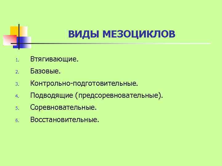 ВИДЫ МЕЗОЦИКЛОВ 1. Втягивающие. 2. Базовые. 3. Контрольно-подготовительные. 4. Подводящие (предсоревновательные). 5. Соревновательные. 6.