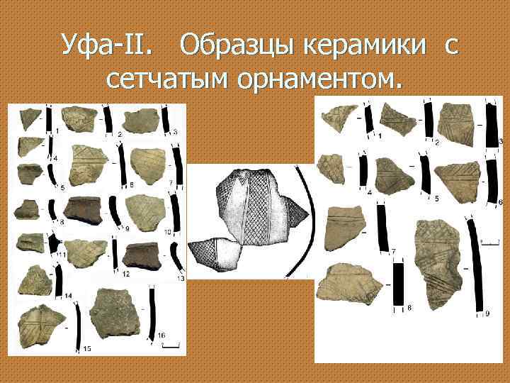 Уфа-II. Образцы керамики с сетчатым орнаментом. 