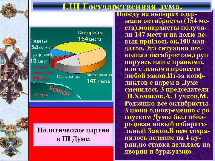 1. III Государственная дума. Победу на выборах одержали октябристы (154 места), монархисты получили 147