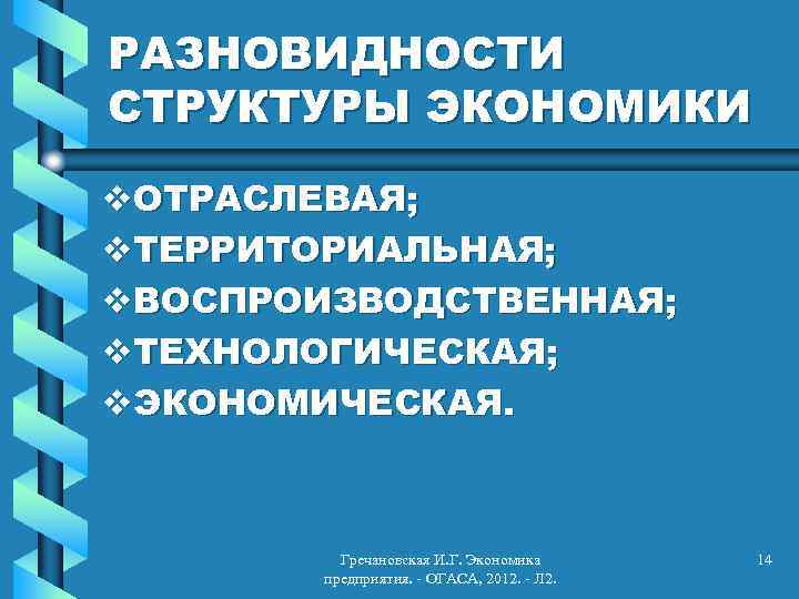 РАЗНОВИДНОСТИ СТРУКТУРЫ ЭКОНОМИКИ v. ОТРАСЛЕВАЯ; v. ТЕРРИТОРИАЛЬНАЯ; v. ВОСПРОИЗВОДСТВЕННАЯ; v. ТЕХНОЛОГИЧЕСКАЯ; v. ЭКОНОМИЧЕСКАЯ. Гречановская