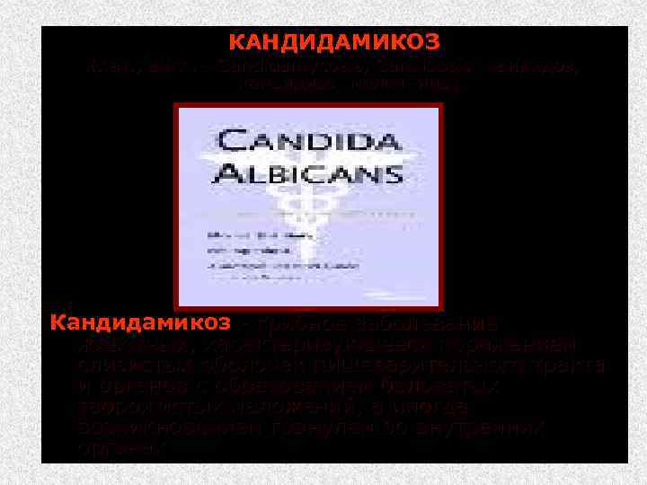 КАНДИДАМИКОЗ (лат. , англ. Candidamycosis, Candidosis; кандидоз, кандидиаз, молочница) Кандидамикоз грибное заболевание животных, характеризующееся
