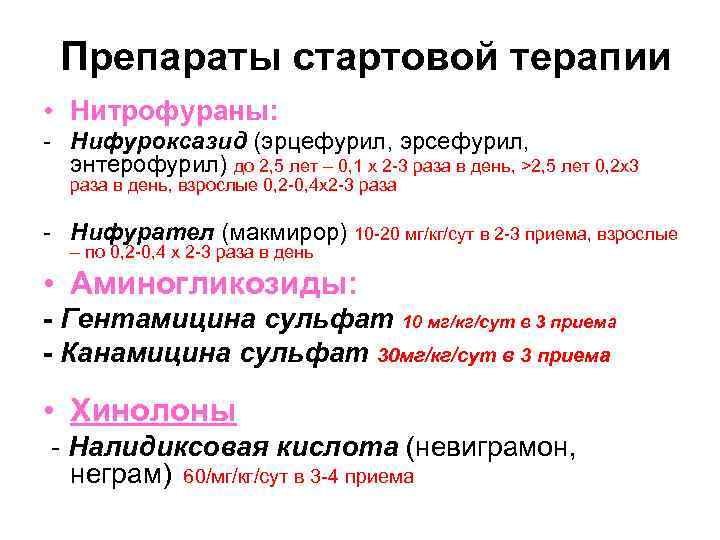 Препараты стартовой терапии • Нитрофураны: - Нифуроксазид (эрцефурил, эрсефурил, энтерофурил) до 2, 5 лет