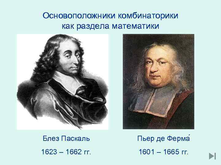 Основоположники комбинаторики как раздела математики Блез Паскаль Пьер де Ферма 1623 – 1662 гг.