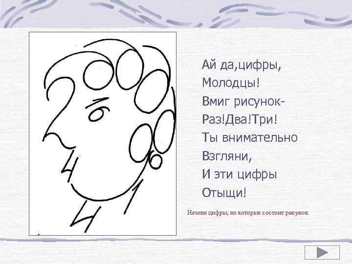 Ай да, цифры, Молодцы! Вмиг рисунок. Раз!Два!Три! Ты внимательно Взгляни, И эти цифры Отыщи!