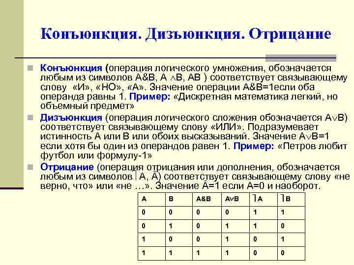 Конъюнкция. Дизъюнкция. Отрицание n Конъюнкция (операция логического умножения, обозначается любым из символов А&В, АВ