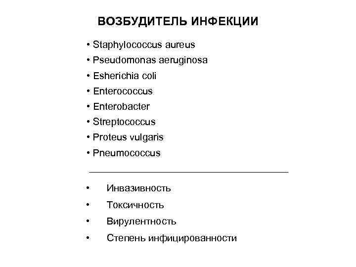 ВОЗБУДИТЕЛЬ ИНФЕКЦИИ • Staphylococcus aureus • Pseudomonas aeruginosa • Esherichia coli • Enterococcus •