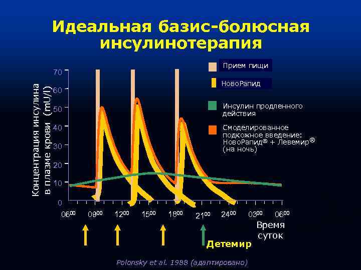 Идеальная базис-болюсная инсулинотерапия Прием пищи Концентрация инсулина в плазме крови (m. U/l) 70 Ново.