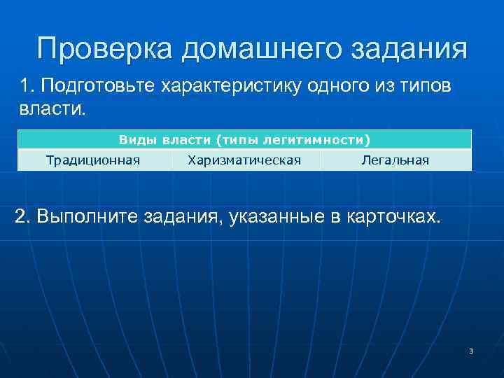 Проверка домашнего задания 1. Подготовьте характеристику одного из типов власти. Виды власти (типы легитимности)