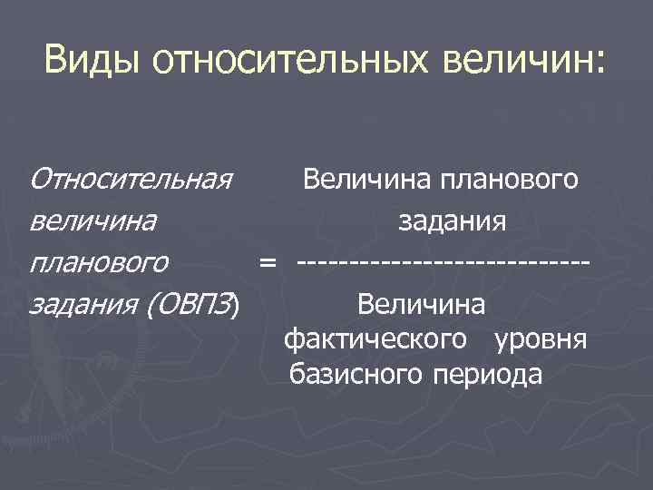 Виды относительных величин: Относительная Величина планового величина задания планового = --------------задания (ОВПЗ) Величина фактического