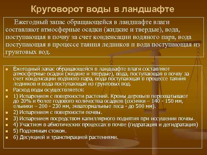 Круговорот воды в ландшафте Ежегодный запас обращающейся в ландшафте влаги составляют атмосферные осадки (жидкие